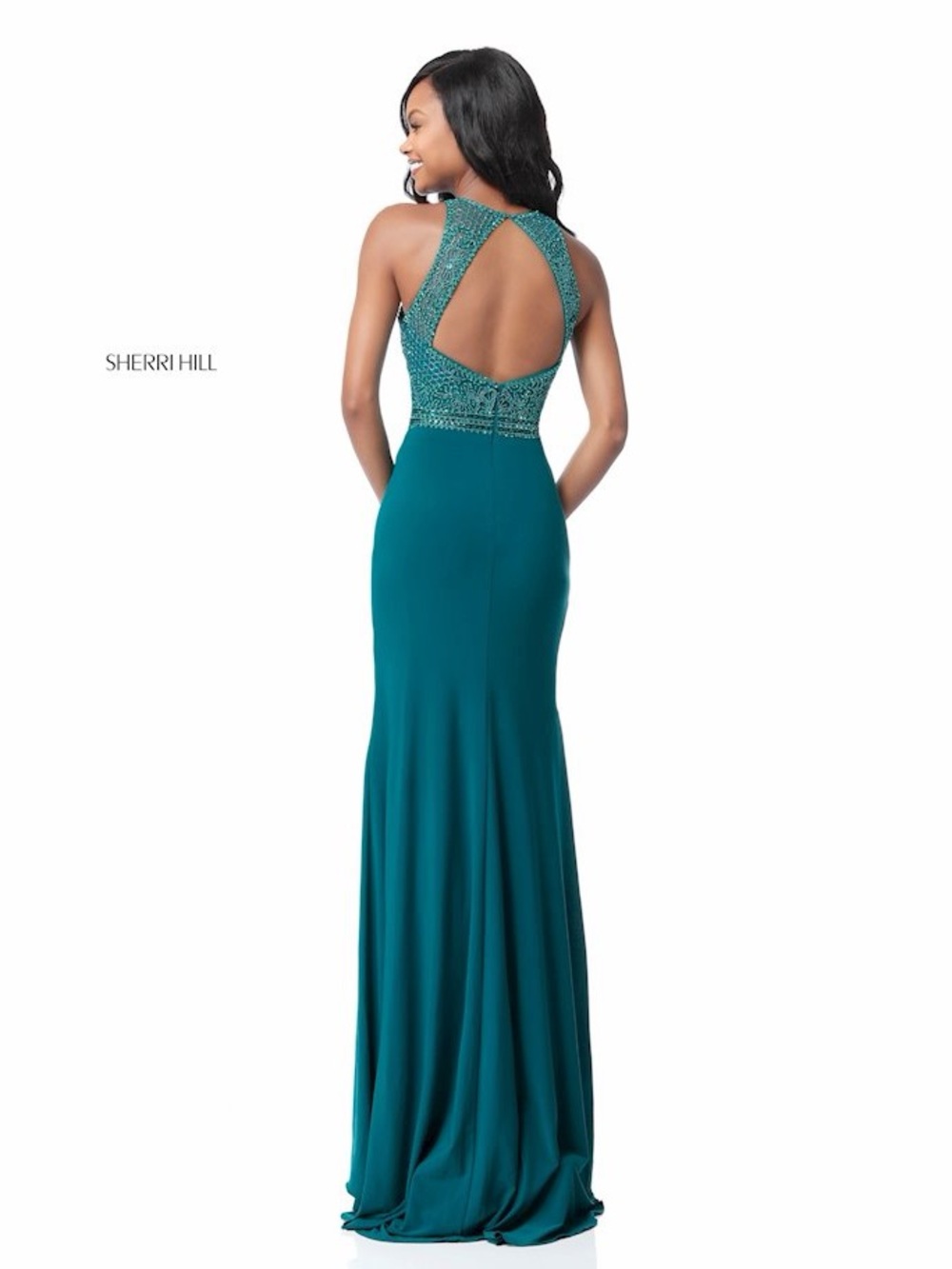 Sherri Hill Teal Beaded Halter Prom Gown with Side Slit - Picture 2 of 15